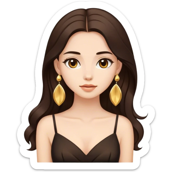 Beautiful woman,cute, long dark brown hair in dark dress with gold earrings sticker