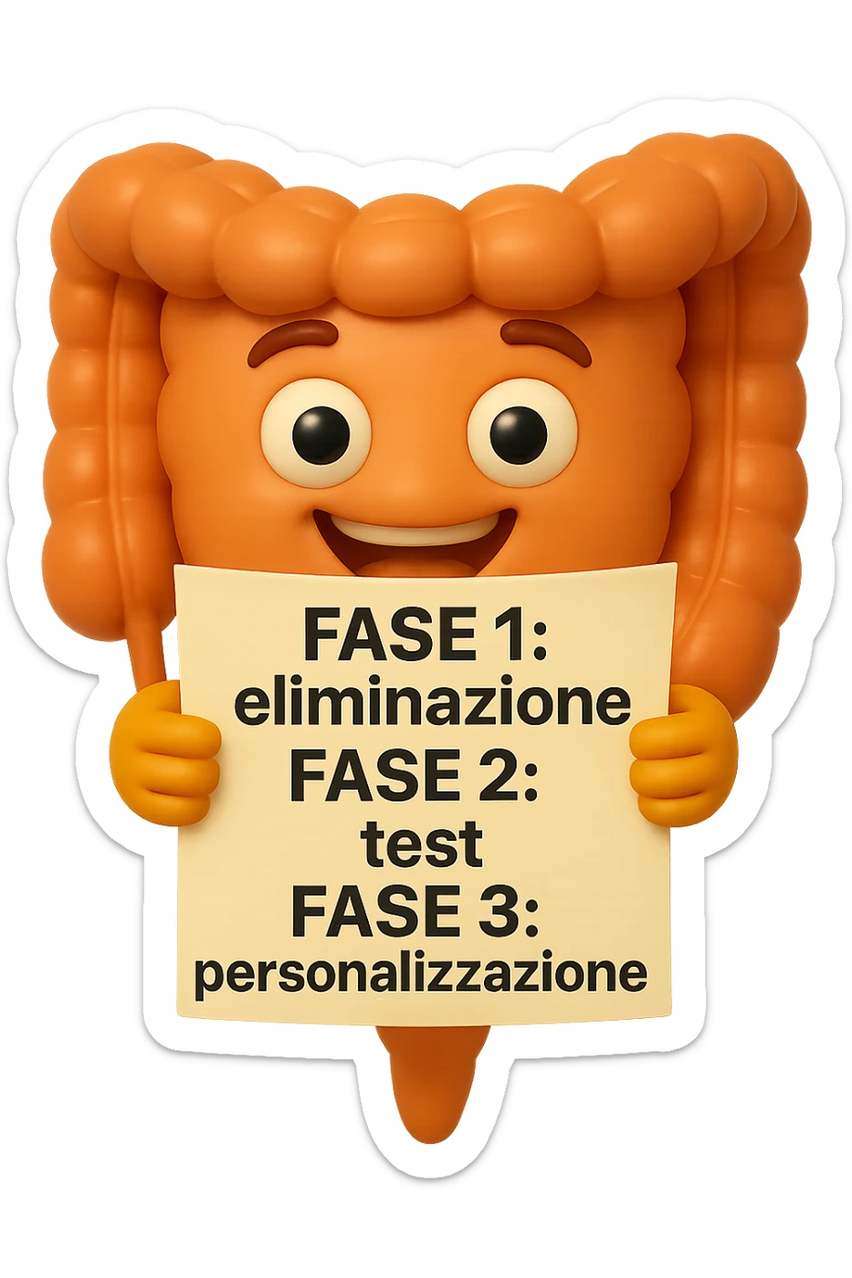 emoji stile iphone 3d di un intestino che tiene in mano un foglio con la scritta "FASE 1: eliminazione, FASE 2: test, FASE 3: personalizzazione, IPERREALISTICO 4K sticker