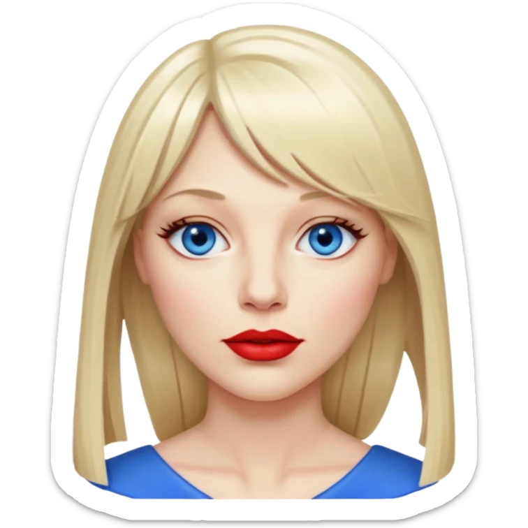 40 yr old white woman, pale skin, long straight blond hair parted in center, blue eyes, bangs sticker