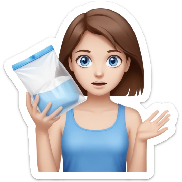 Brown hair blue eye Girl shrugging holding a clear plastic bag with white powder sticker