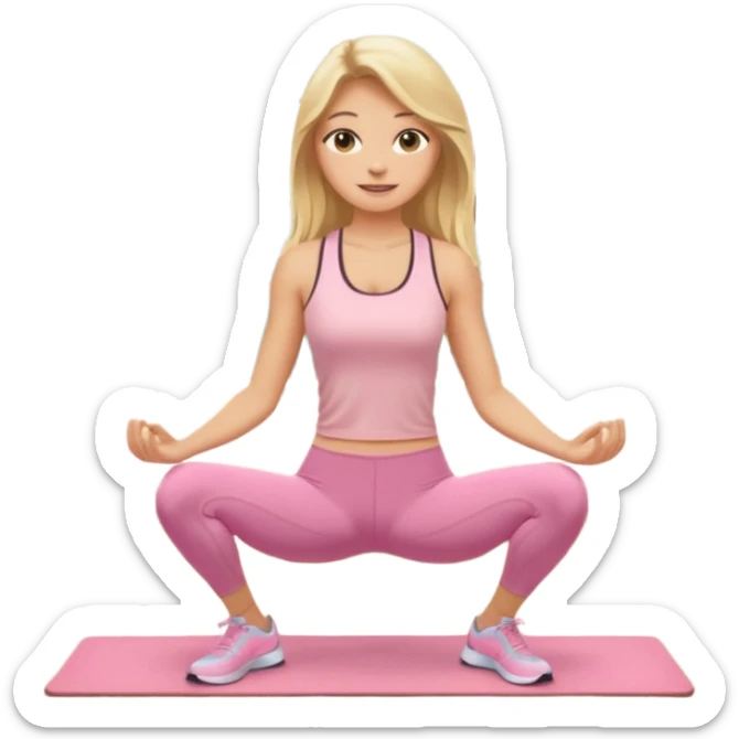 Create a young woman with long blonde hair, golden eyes, and medium-light skin tone, wearing a light pink tank top and leggings. She should be doing home worjout, with a smile sticker
