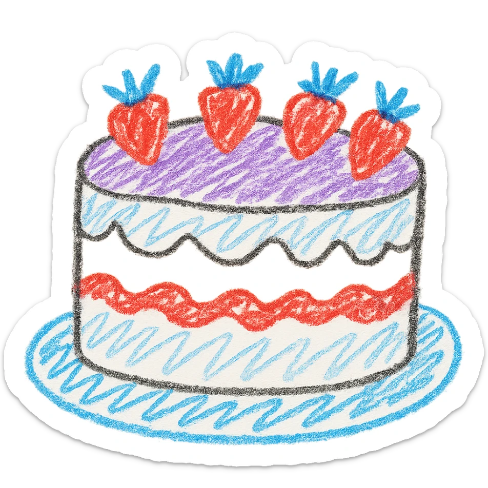 white cake with strawberries on top, playful and colorful, children doodle style sticker
