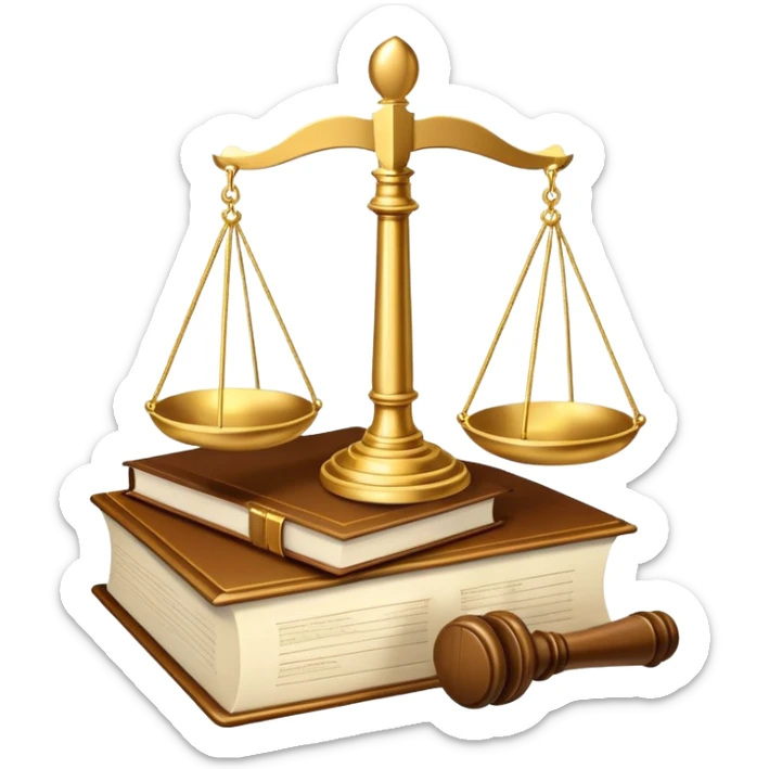 An icon featuring scales of justice, a gavel, and a legal book, symbolizing the study of law. The design includes courthouse pillars in the background, representing authority and legal systems. Transparent background highlights the principles of justice, order, and legal education. sticker