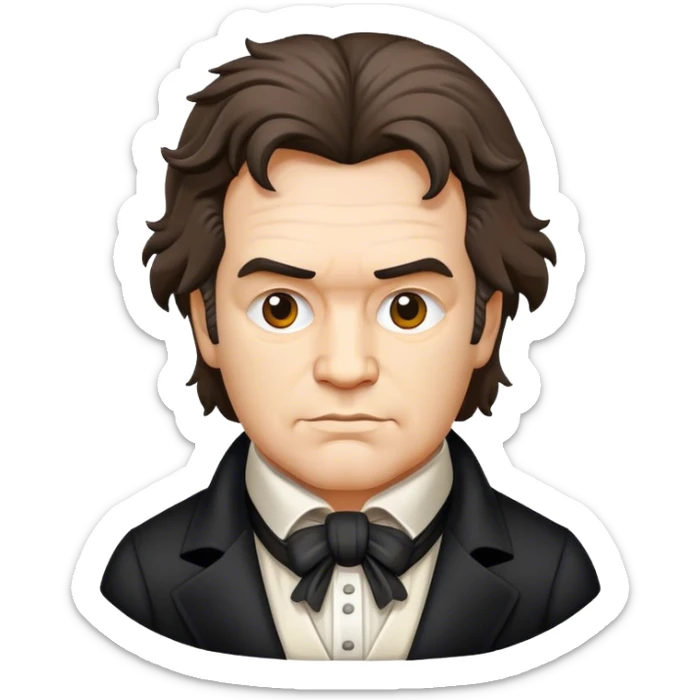 Cinematic Realistic Beethoven Pop Culture Emoji, featuring an evocative portrayal of the legendary composer rendered with delicate textures and emotive lighting. sticker