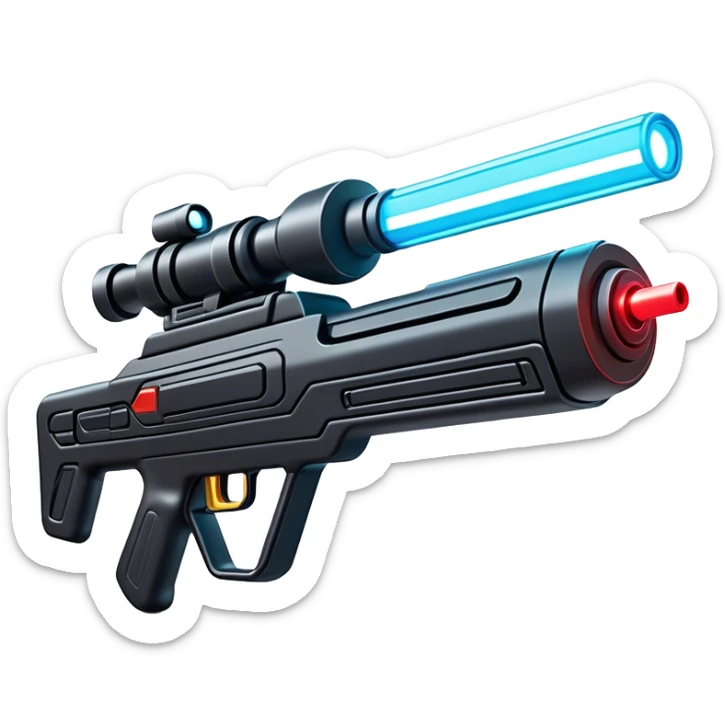Clash of Clans aesthetic: Cinematic Playful Laser Rifle Emoji, rendered in a 3D vector-style similar to standard emojis with minimal shading and bold, simplified shapes. A compact, sleek energy weapon with futuristic contours and a glowing barrel, softly glowing with a sci-fi battle charm. Simplified yet unmistakably iconic, highly detailed and consistent, glowing with a soft pulsating radiance and high shine. Stylized with a touch of cosmic engineering and a soft glowing outline, capturing the essence of a cutting-edge energy armament with a playful, dynamic aura! sticker