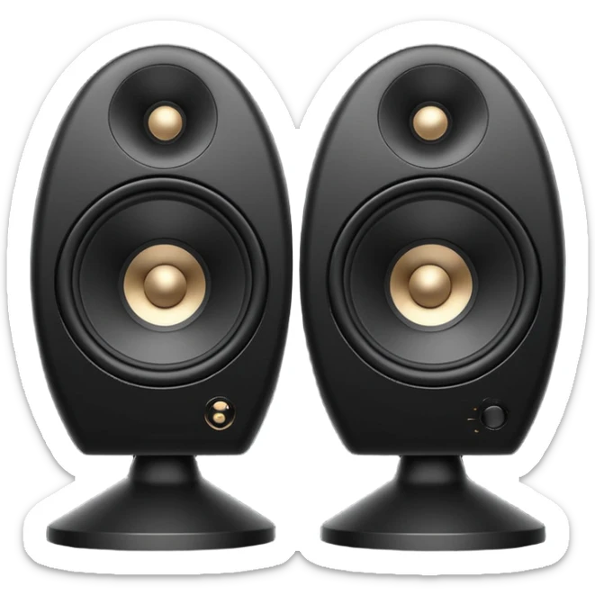 pair of big speakers emoji, deep matte black metal body, circular speaker cones with subtle depth, smooth rounded edges, minimalistic futuristic 3D style, luxury aesthetic sticker