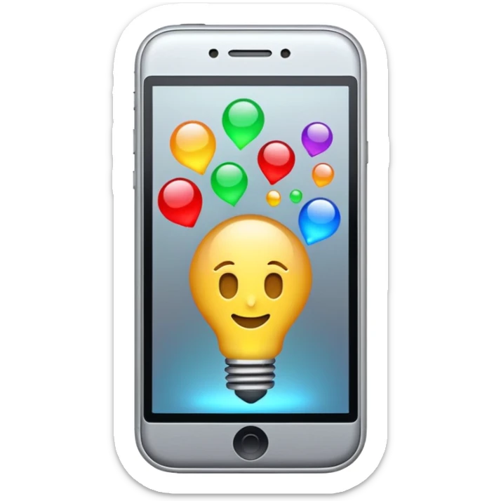Generate a realistic emoji of a smartphone where a lot of things like data, ideas, inventions and creative stuff coming out of it. Whats coming  out of it spreads in the air  sticker