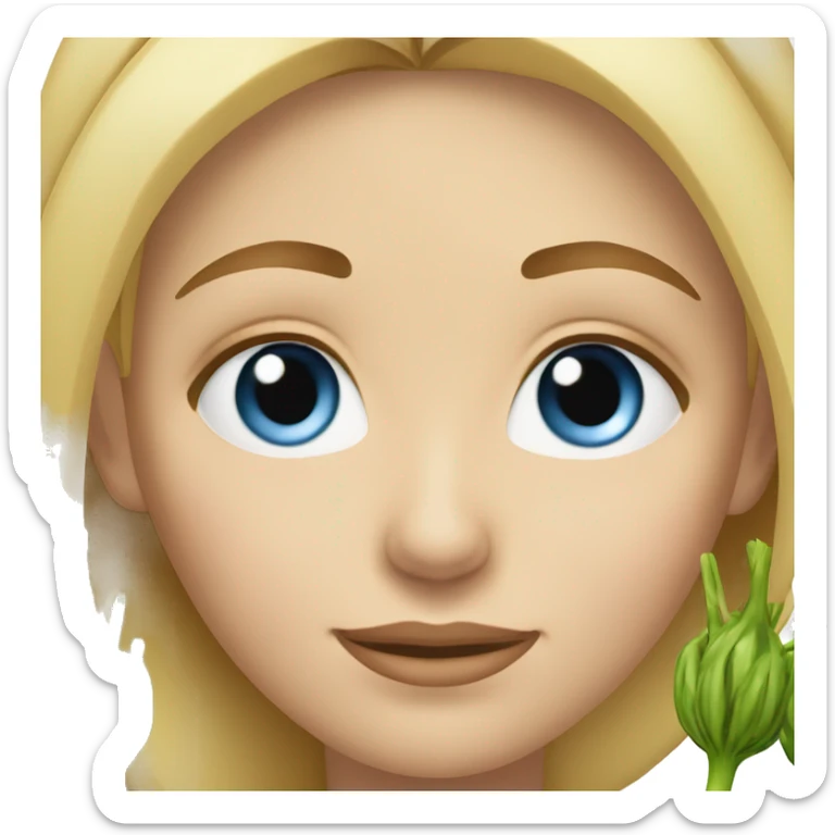 White girl, blonde, with blue eyes, rubs her head on which there are onion sprouts sticker