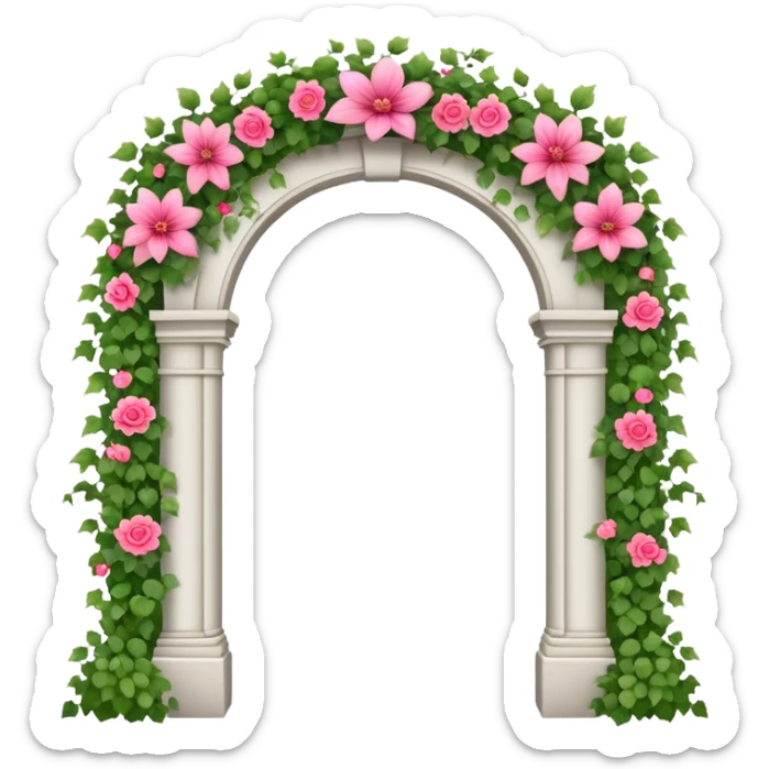White tall archway with vines, ivies, and romantic pink and red flowers  sticker