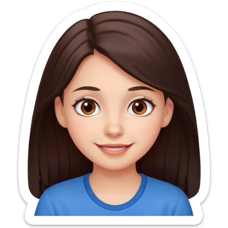An emoji ios 18 featuring a girl with dark brown long hair, brown big eyes, light pinkish skin, red cheeks,  sticker