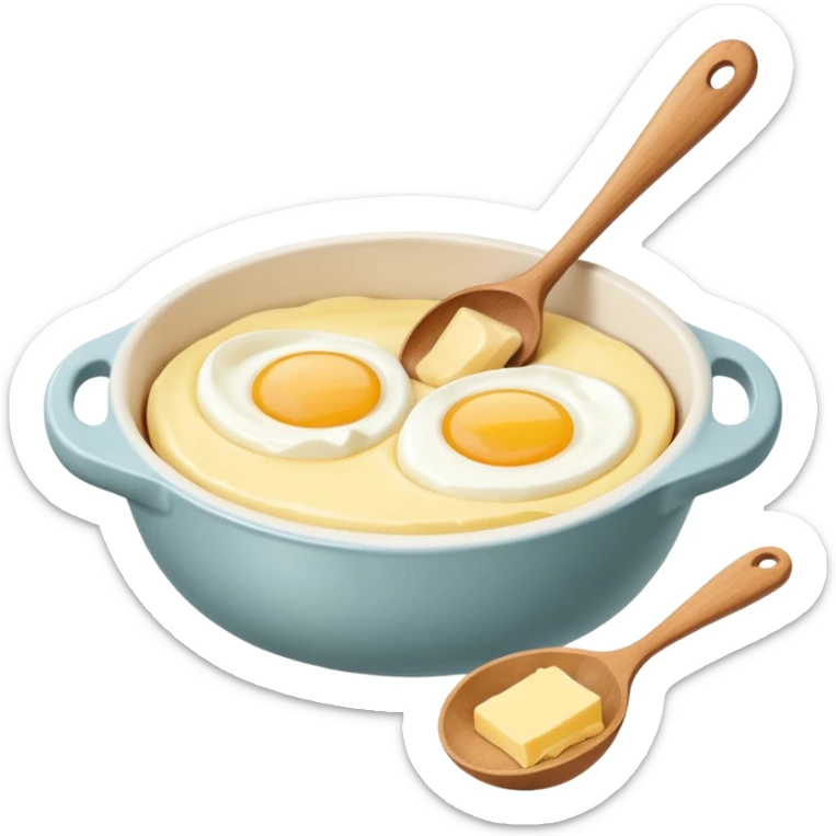A carton of eggs, butter and a cream ceramic baking bowl with a wooden spoon in it sticker