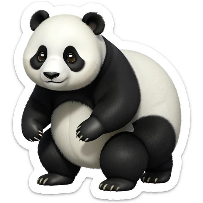 cinematic-[panda bear]-realistic-full-body-standing on all fours-emoji,-tail-tucked-close,-head-tilted-dramatically,-thick-[black and white]-fur,-simplified-yet-realistic-focused-features,-highly-detailed,-glowing-with-an-almost-sarcastic-glow sticker