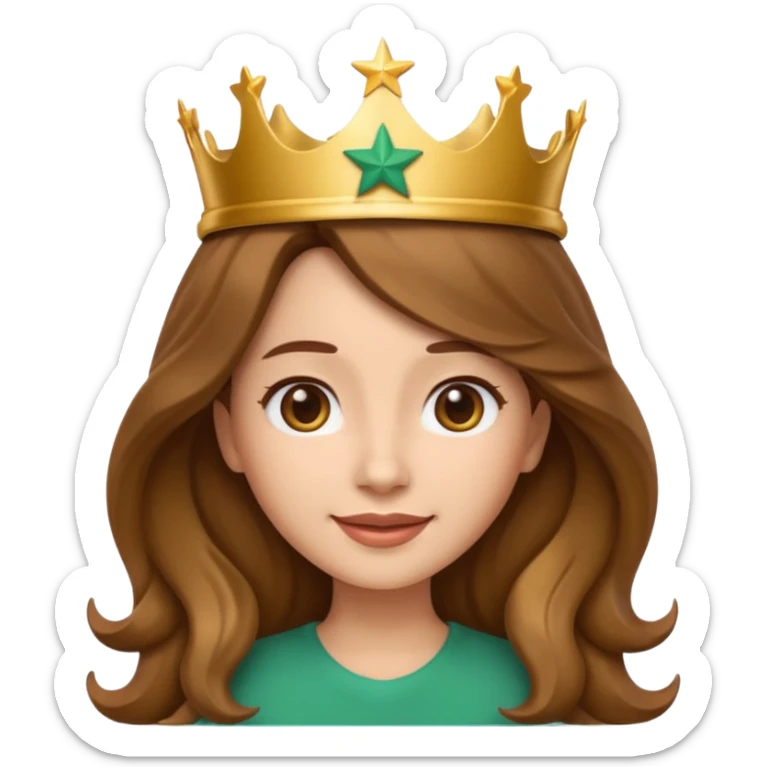 Apple style 3D emoji of a young woman inspired by the Starbucks logo. She has long wavy hair on both sides, a crown with a star on her head, and a soft smile. Smooth, shiny, simple emoji look. sticker