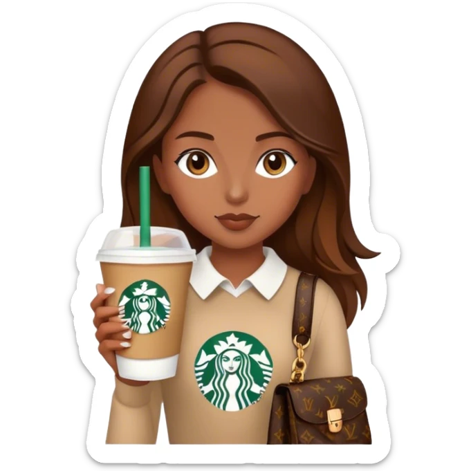 Starbucks cup cold drink with brown girl brown hair with Luis vittuon Bag sticker