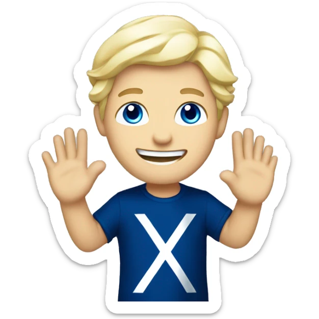 Male with blonde hair and blue eyes waving hand smiling with a Scotland flag sticker