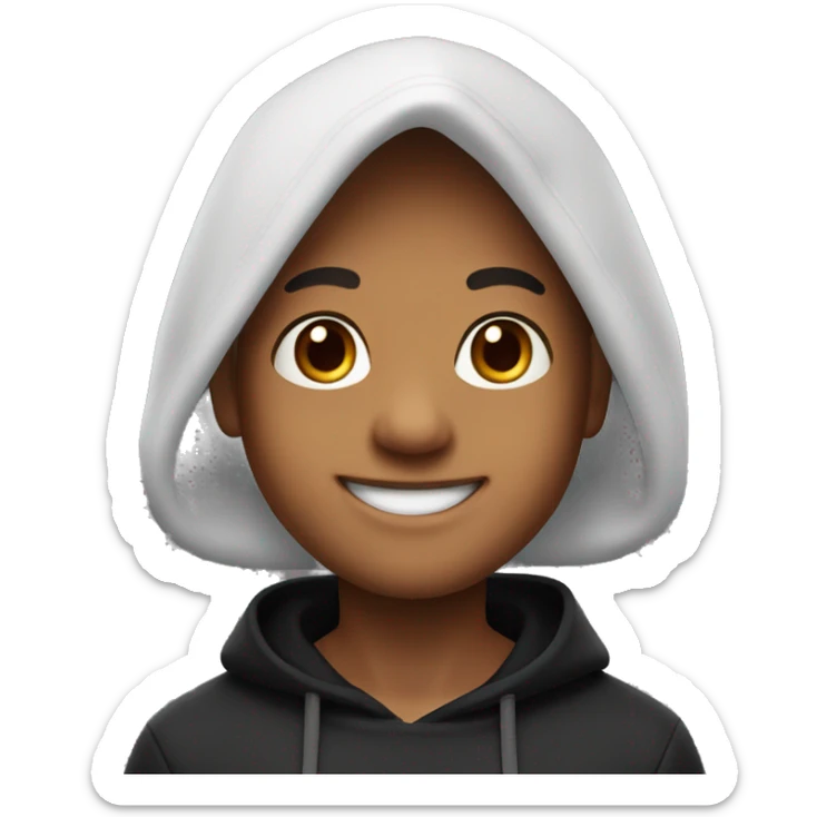 A 3D Memoji of a boy with a friendly expression, wearing a black hoodie and waving while saying "hi". The Memoji should have vibrant and expressive facial features with realistic fare skin, long hair sticker