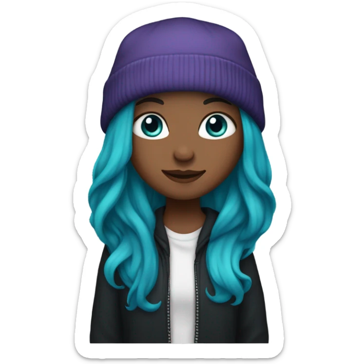 White girl, blue eyes, long teal hair, purple beanie hat, black hoodie, blue jeans, black shoes sticker
