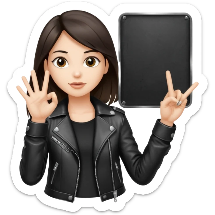 Fair skin long dark brown hair wearing a leather metal jacket girl doing the Rock n roll sign holding a large blank sign sticker