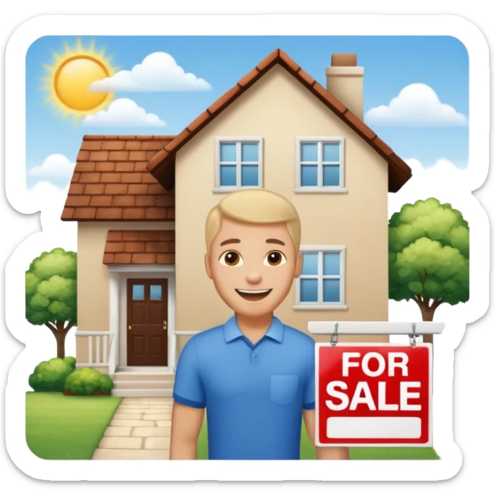 emoji de bienes y raices, un hombre y una casa en "venta for sale" sticker