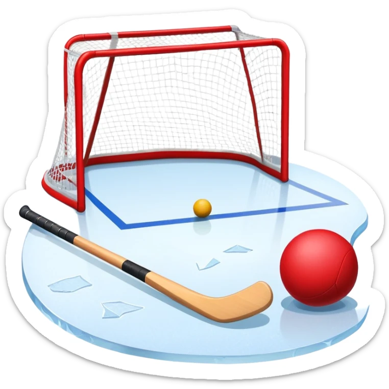 A red ball and hockey stick resting on an ice rink, with the goalposts and clear markings in the background. The scene captures the unique nature of field hockey with a ball on ice, emphasizing the speed and precision of the sport in a cold, competitive atmosphere. sticker