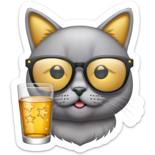 Fait un chat gris avec des lunettes de stars et avec un verre d alcool qui fait la fête sticker