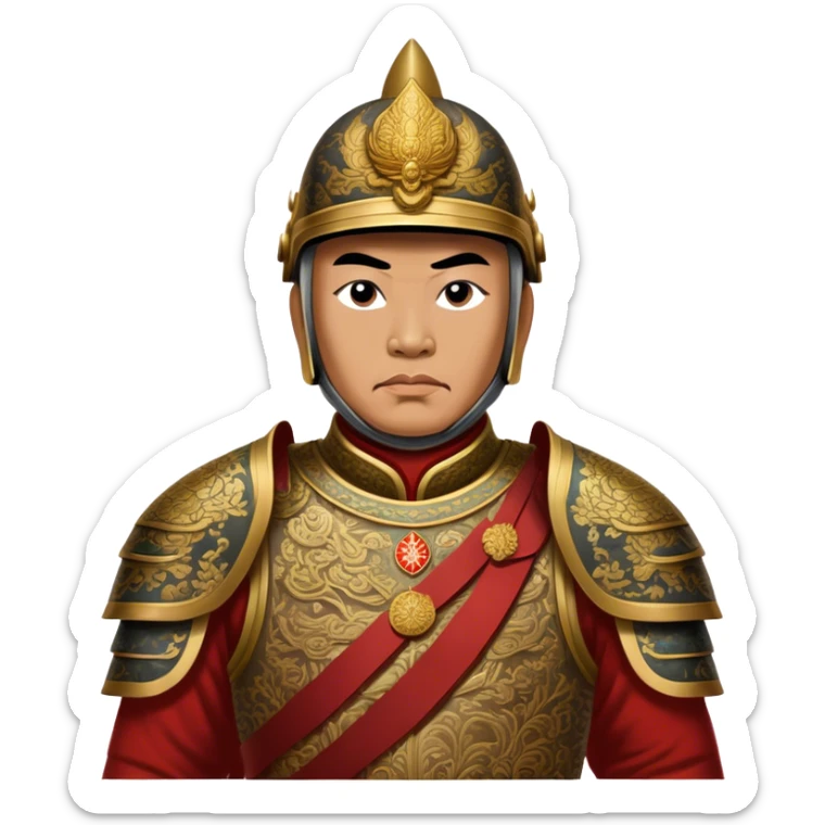Trần Hưng Đạo – Cinematic Realistic Portrait of Trần Hưng Đạo, depicted as a revered Vietnamese general in traditional armor with a determined gaze, rendered with intricate historical textures and dynamic lighting that highlights his legendary martial spirit and leadership. sticker