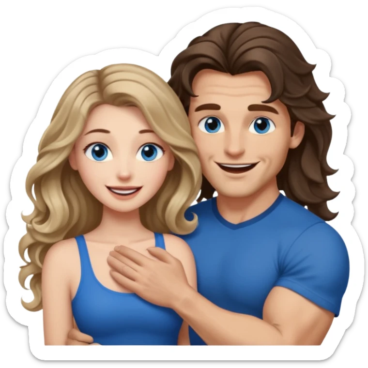 Women with blue eyes and very long, brown blond balayage curled hair in the arms of a man with strong arms a straight face, a very sexy man blue eyes. They are laughing at each other. He has dark brown hair: A fade haircut down to skin and is light skinned  sticker