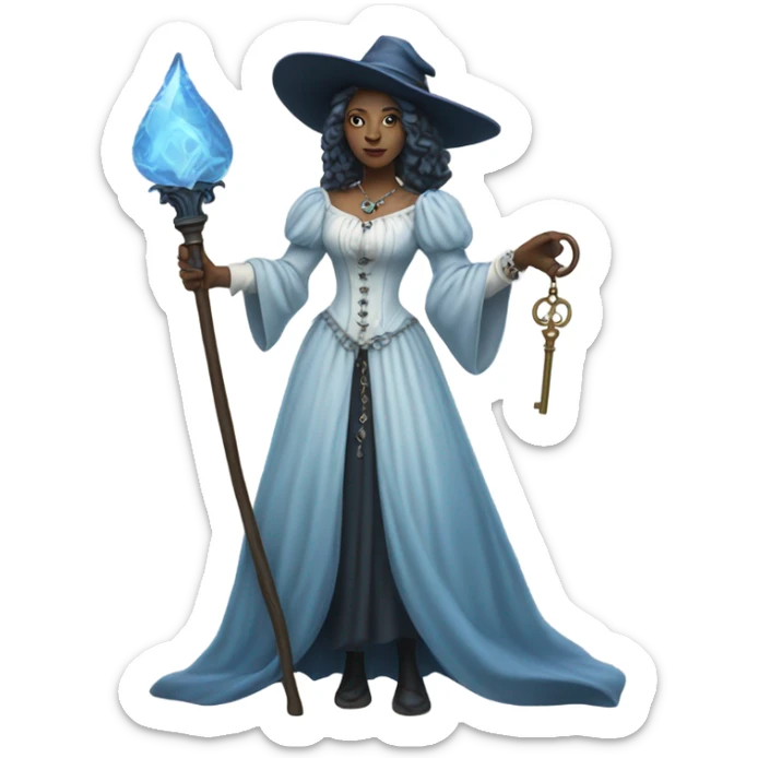 blue witch woman login holding a big key in white victorian dress, full body sticker