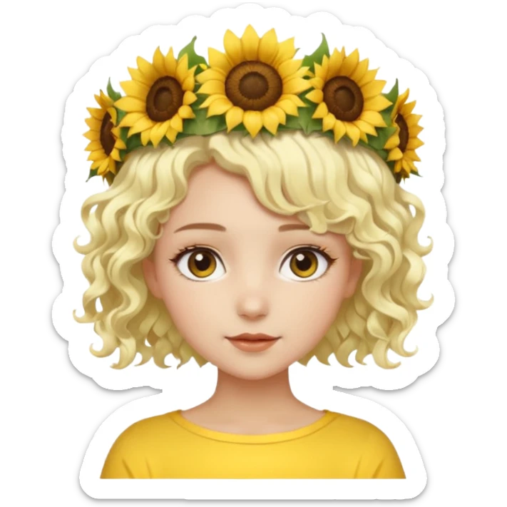 ["Fair skin female, short platinum-blonde curly hair, wearing a yellow sunflower crown."] sticker