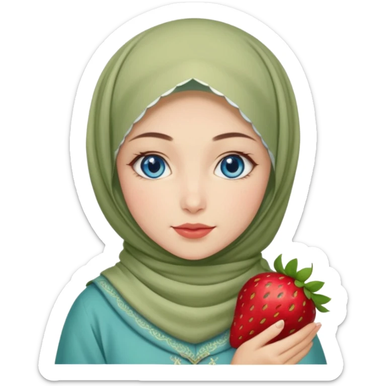 Turkish beautiful finish Konya girl blue eyes with beige and light green hijab islamic dress and had on her hand strawberry Matcha  sticker