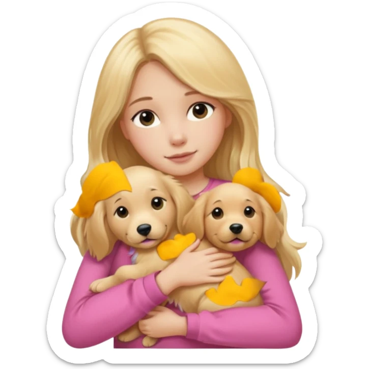 Menina loira fofa de cabelo comprido usando uma blusa rosa abraçando um golden Retriever  sticker