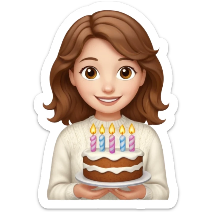 A pretty white girl with hazel brown eyes and brown wavy hair in a cosy white knit sweater, she is celebrating her birthday sticker