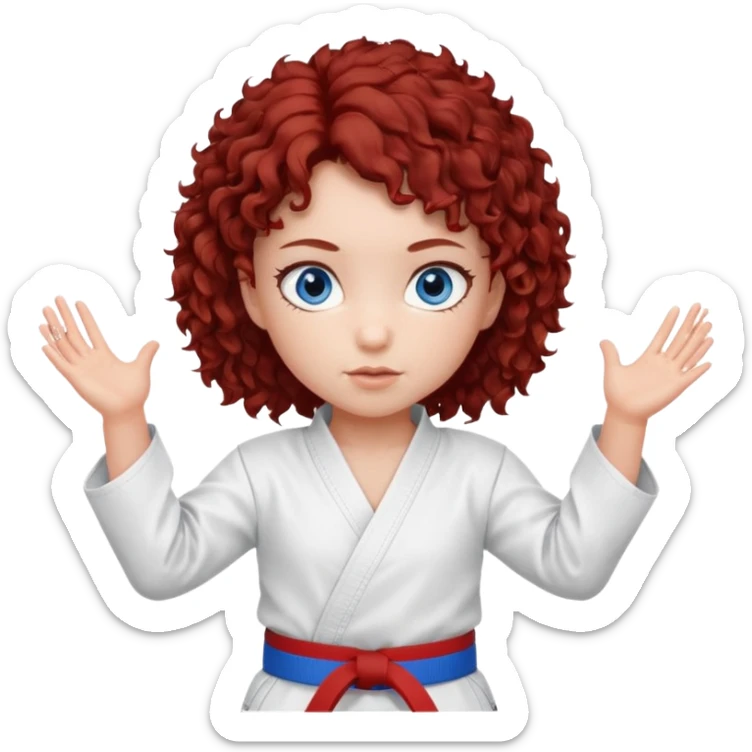 generate a young girl with dark red curly hair, blue eyes. in a white karate outfit  sticker