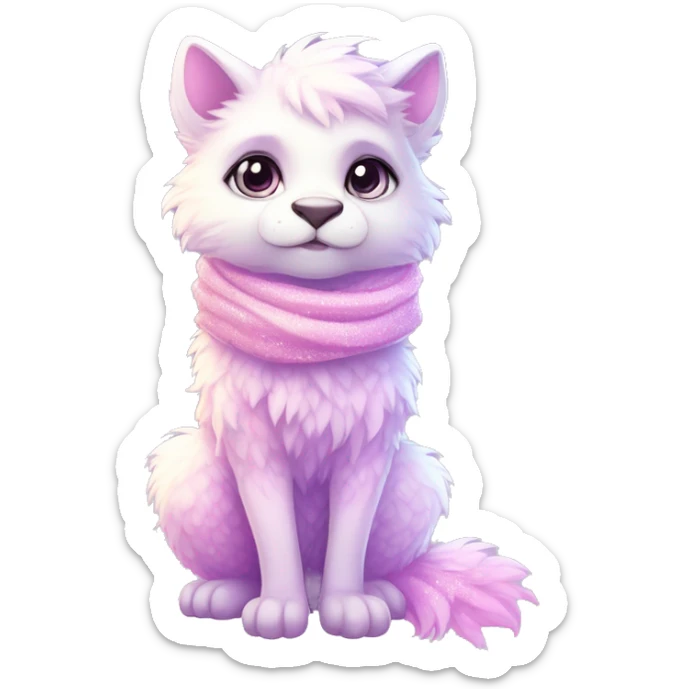 Edgy Kawaii cute gorgeous colorful sparkly bright light pastel lilac-pink-white-gradient fantasy ethereal fluffy fursona animal creature with a cute scarf full body sticker