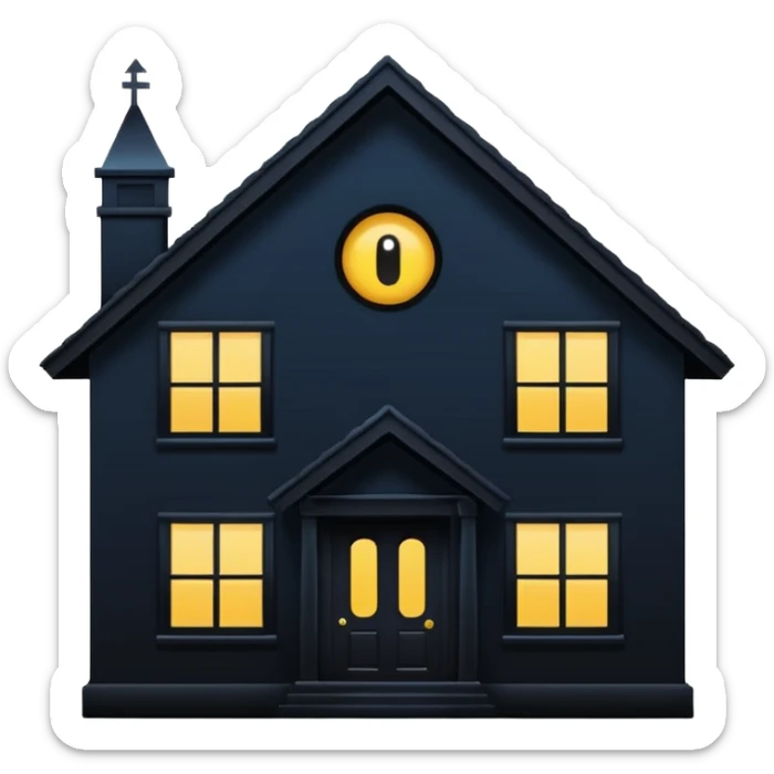 Minimalist emoji-style sticker of a house silhouette at night with a single lit window, and an eye visible inside. Flat, dark, quiet style.
 sticker