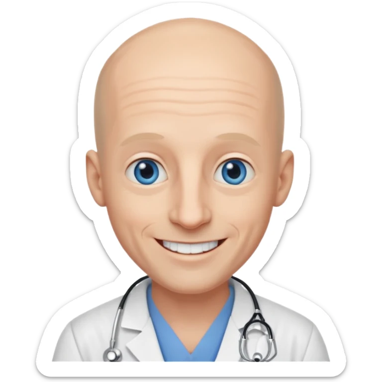 white male doctor a little bald no wrinkles long ears big nose blue eyes white teeth sticker