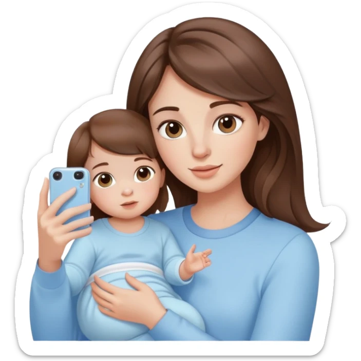 brunette girl with brown hair wearing pastel blue clothes holding a baby and taking a selfie sticker
