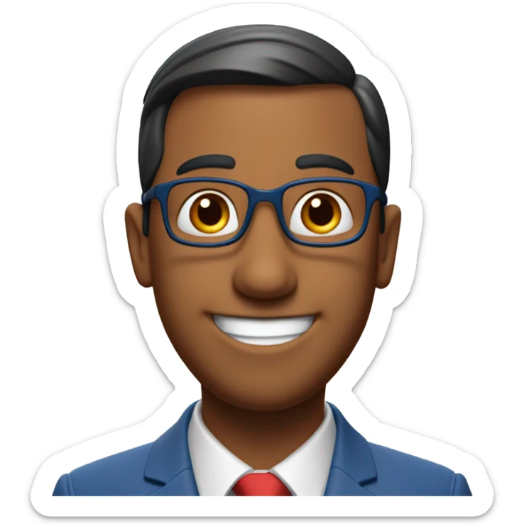 Pixar-inspired film character in 3D. Smiling Indian, oval face, cropped hair, nose with a high back, wears a blue suit and red tie. sticker