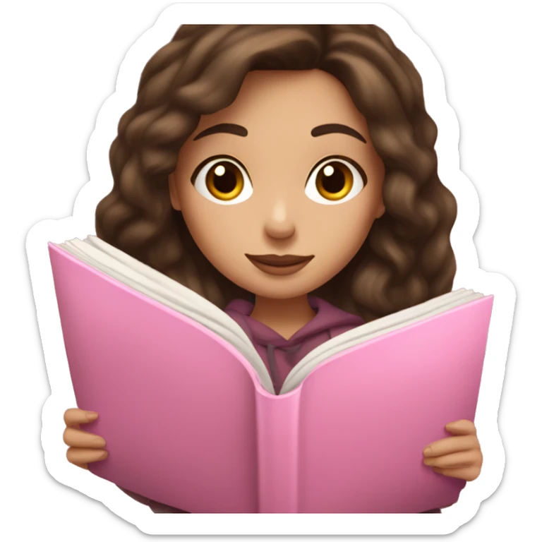 a brunette white girl reading a pink book, she’s cozy and warm with her pillow sticker