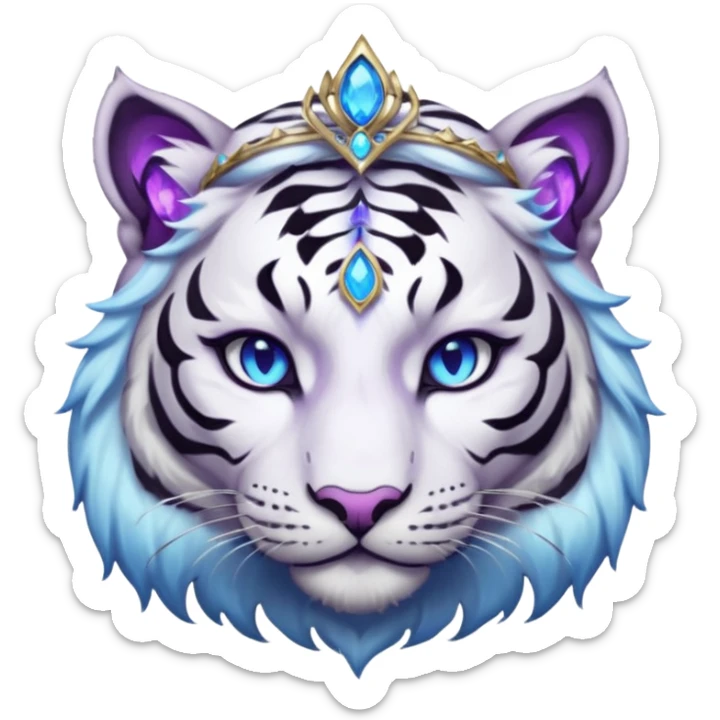 ESO Female white/black tiger khajiit leader of the umbral rose, glowing blue eyes, glowing blue 'third eye' gem; purple gem silver tiara sticker