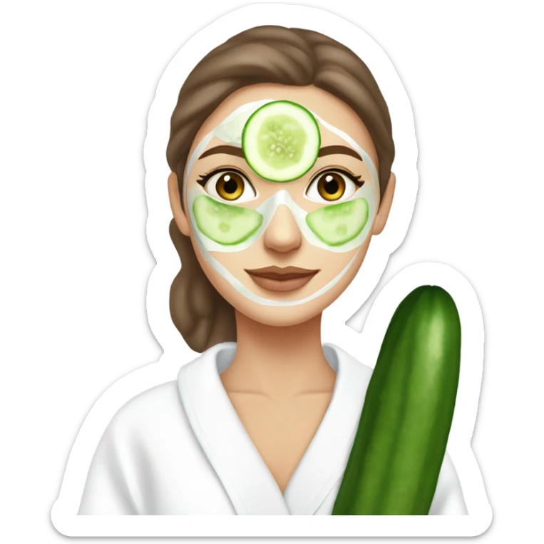 White girl with Brown hair and blue eyes wears a Green colored skincare clay textured mask and puts on cucumbers around her eyes while She relaxes in her white Robe sticker