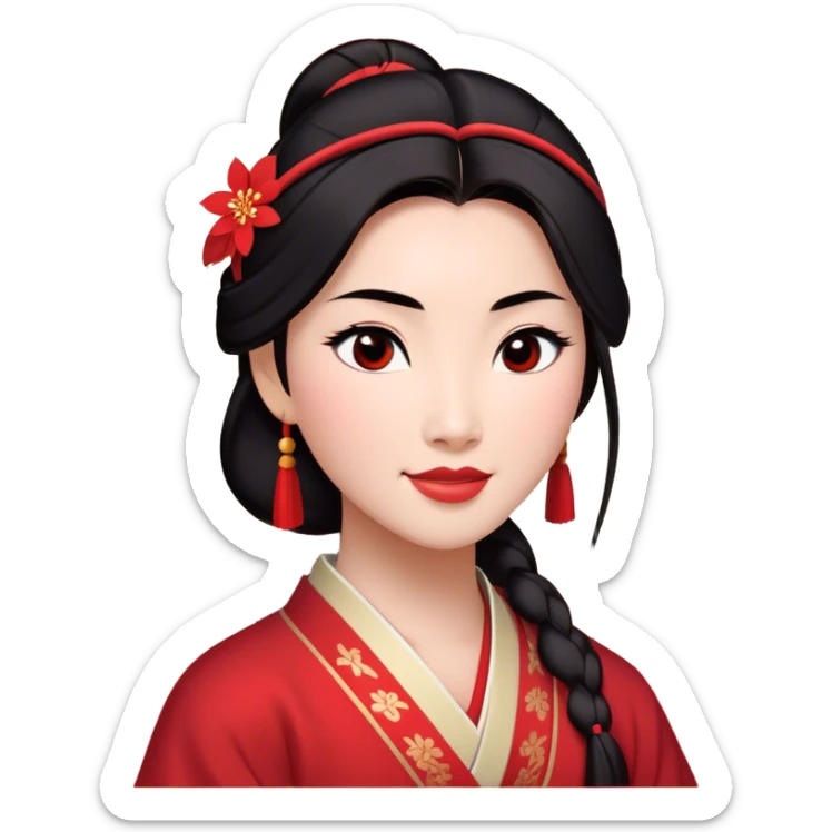 Cinematic Radiant Mulan Portrait Emoji, rendered in a realistic, vector-style with clean proportions. Show Mulan with a soft, confident smile, warm skin, and expressive eyes, her dark hair styled simply, and dressed in traditional clothing with understated red accents. The image radiates a gentle, luminous glow and high shine, accentuated by a soft glowing outline. sticker