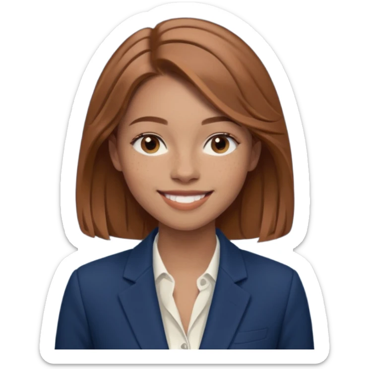 emoji of a woman named Freya McOmish, smiling, light brown hair, subtle freckles, modern casual style, wearing an elegant blazer sticker