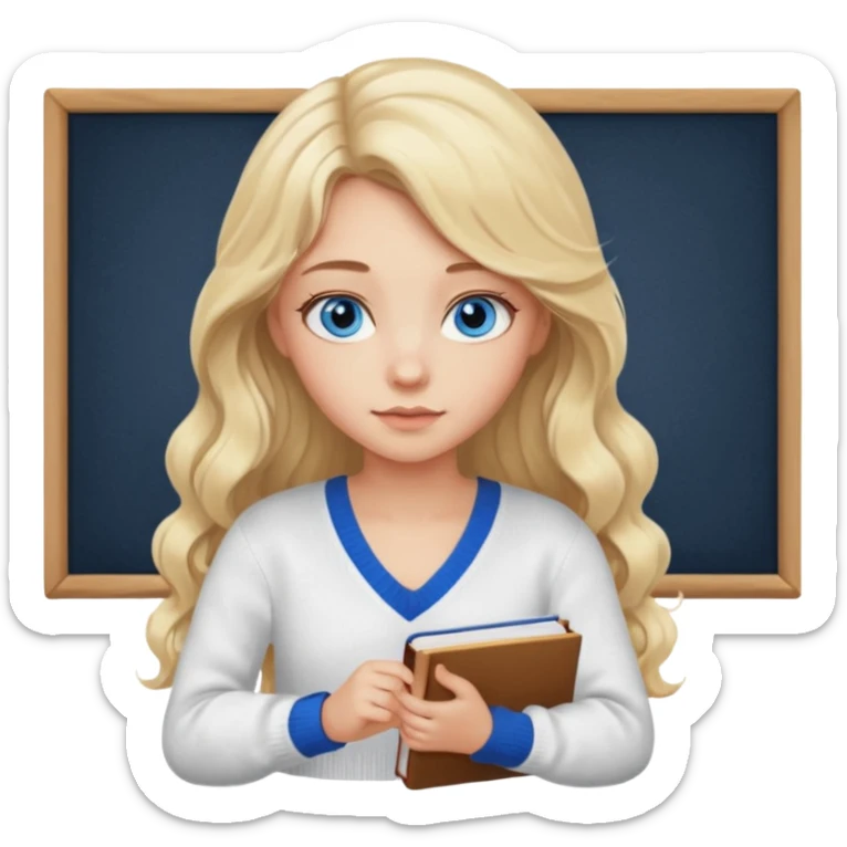 make me an emoji of a blonde girl studying, wear a white v-neck knit jumper and no glasses with long curled hair blue eyes and no blackboard sticker