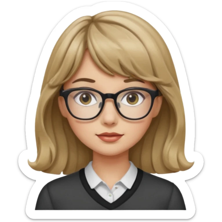 Uma garota de cabelo ondulado loiro escuro,mas com franja lisa e olhos pretos,usa óculos e a cor de pele branca,e o cabelo na cintura sticker
