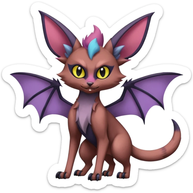 dark edgy dull pointy edgy Noivern-Noibat-Purloin-Torracat-Lykoi-Caracal-cat-Fakemon-fusion-hybrid-creature, with bat-wings on head as ears sticker