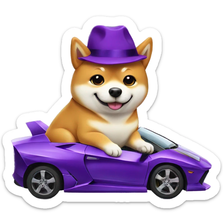 shiba inu with purple hat, sitting on top of a purple Lamborghini  sticker
