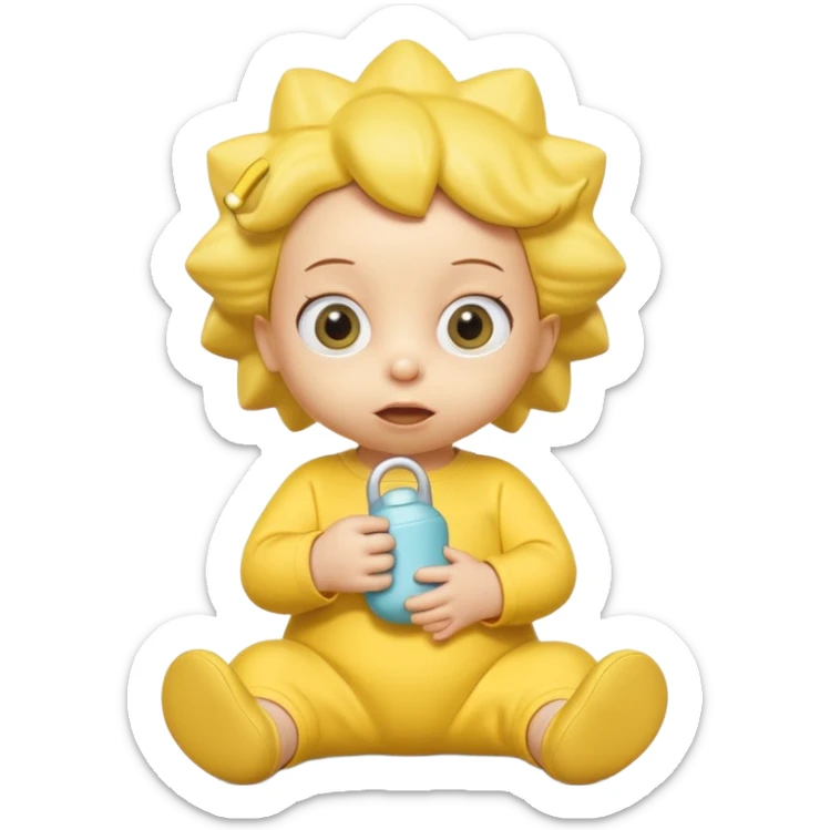 A 3D cartoon baby character entirely yellow, styled like Maggie Simpson, with pacifier, yellow onesie, big eyes, smooth shading, Memoji-style rendering, consistent with other yellow Simpsons characters. sticker