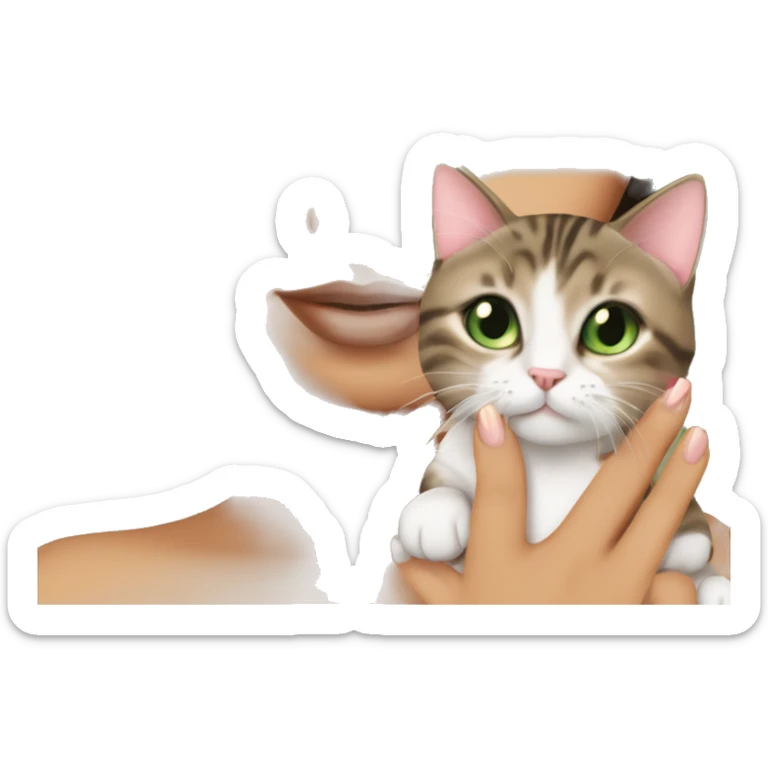 A girl with green eyes and dark brown straight hair, and makeup nude lipstick  and eyelashes, slightly tanned, oval light pink fingernails ,white top, holding a brown tabby cat with green eyes  sticker