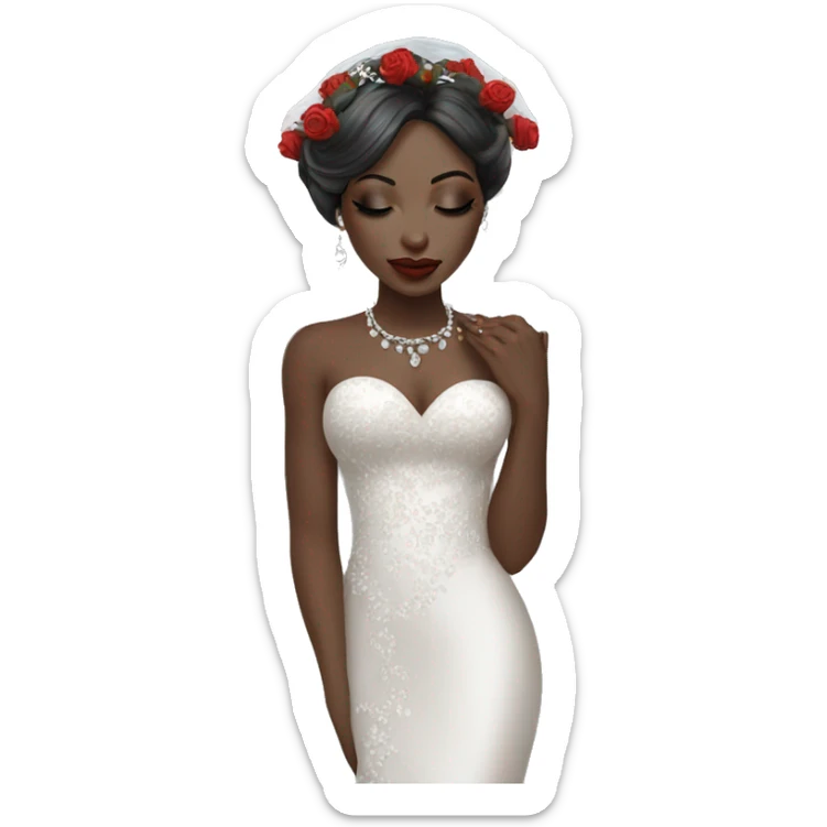 African bride. Makeup. Short black hair. Silver jewelry and long veil. Holding red roses. Eyes closed. sticker